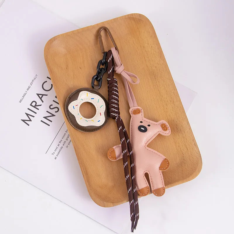 PU leather bear donut keychain in brown with semi-handmade finish and bag clip attachment