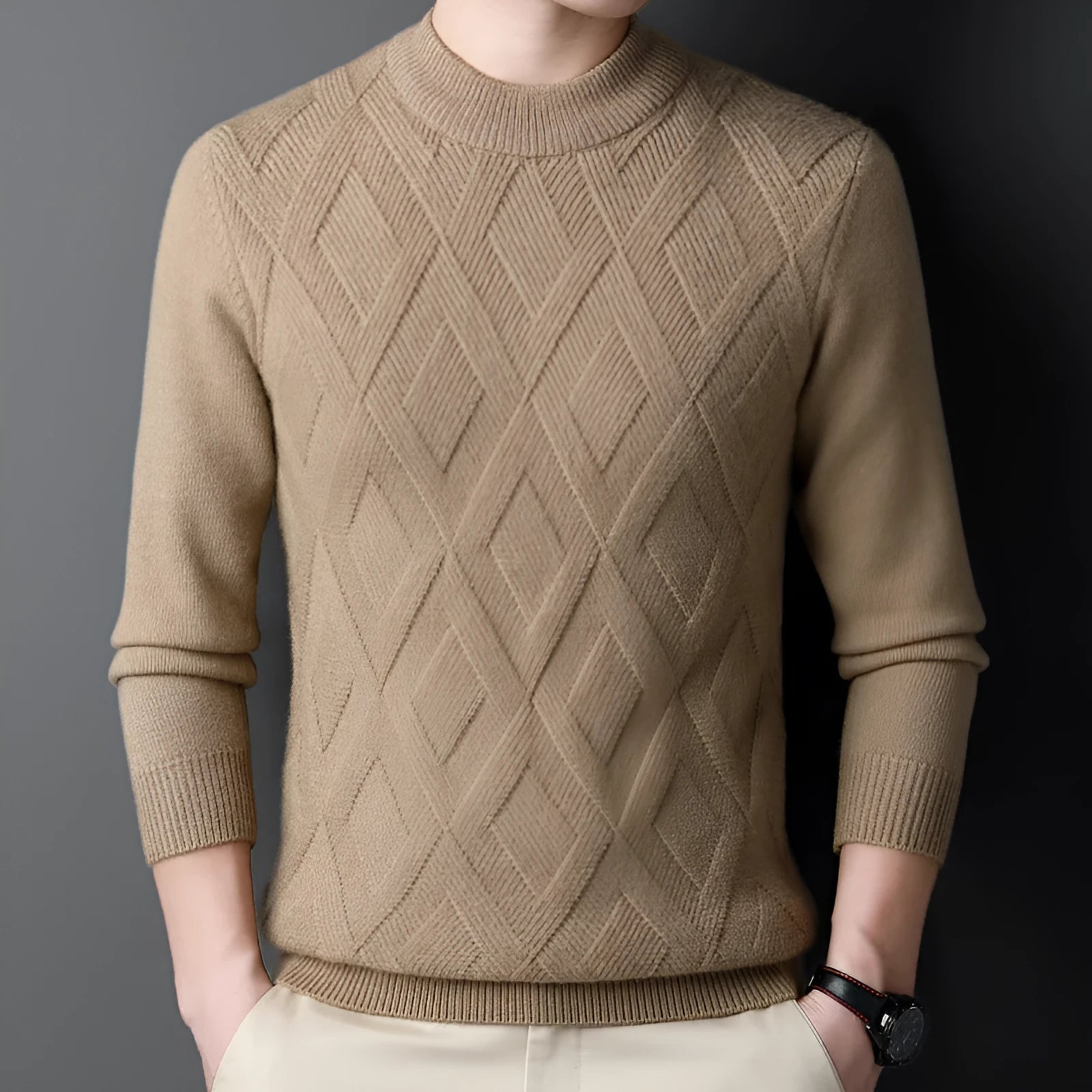 Men's thick grey diamond jacquard knit winter pullover sweater on a hanger.