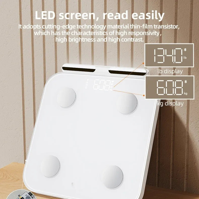 White tempered glass body fat scale with 8 electrodes and LED display showing weight measurement