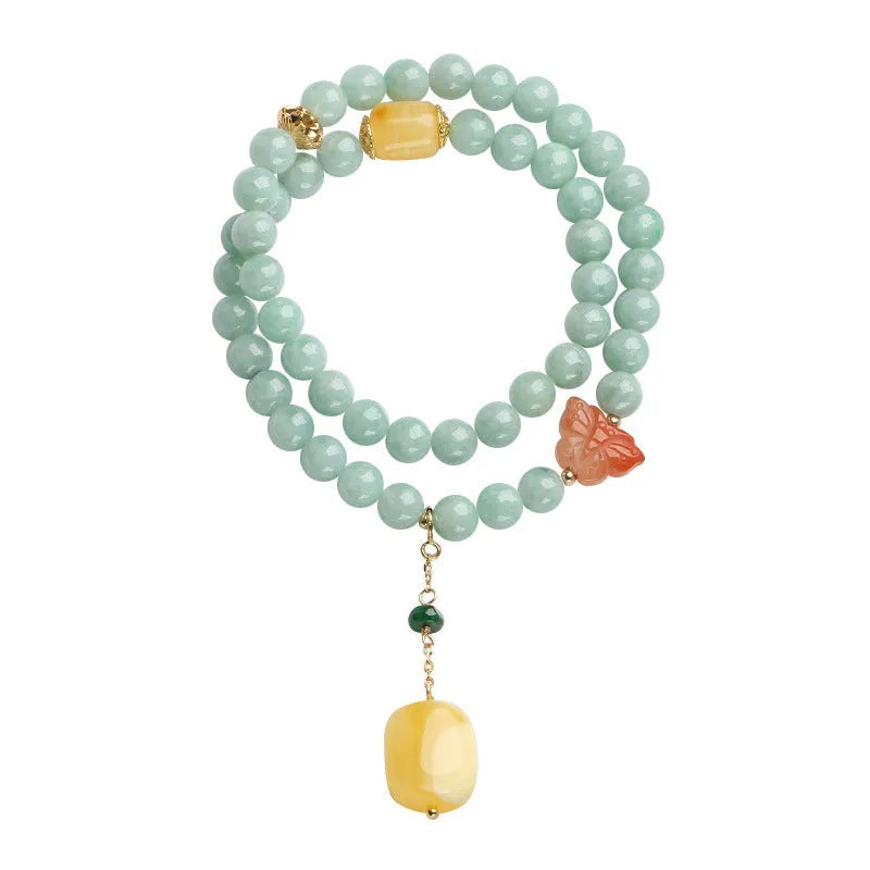 Double-layer women's bracelet with jade round beads and beeswax barrel beads in geometric hanging design