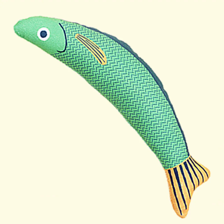 Soft plush fish-shaped cat toy with organic catnip stuffing in green, orange or yellow colours