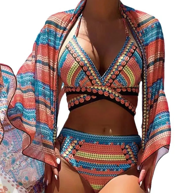 Women's retro style swimsuit bikini with cross strap back in blue polyester fabric.