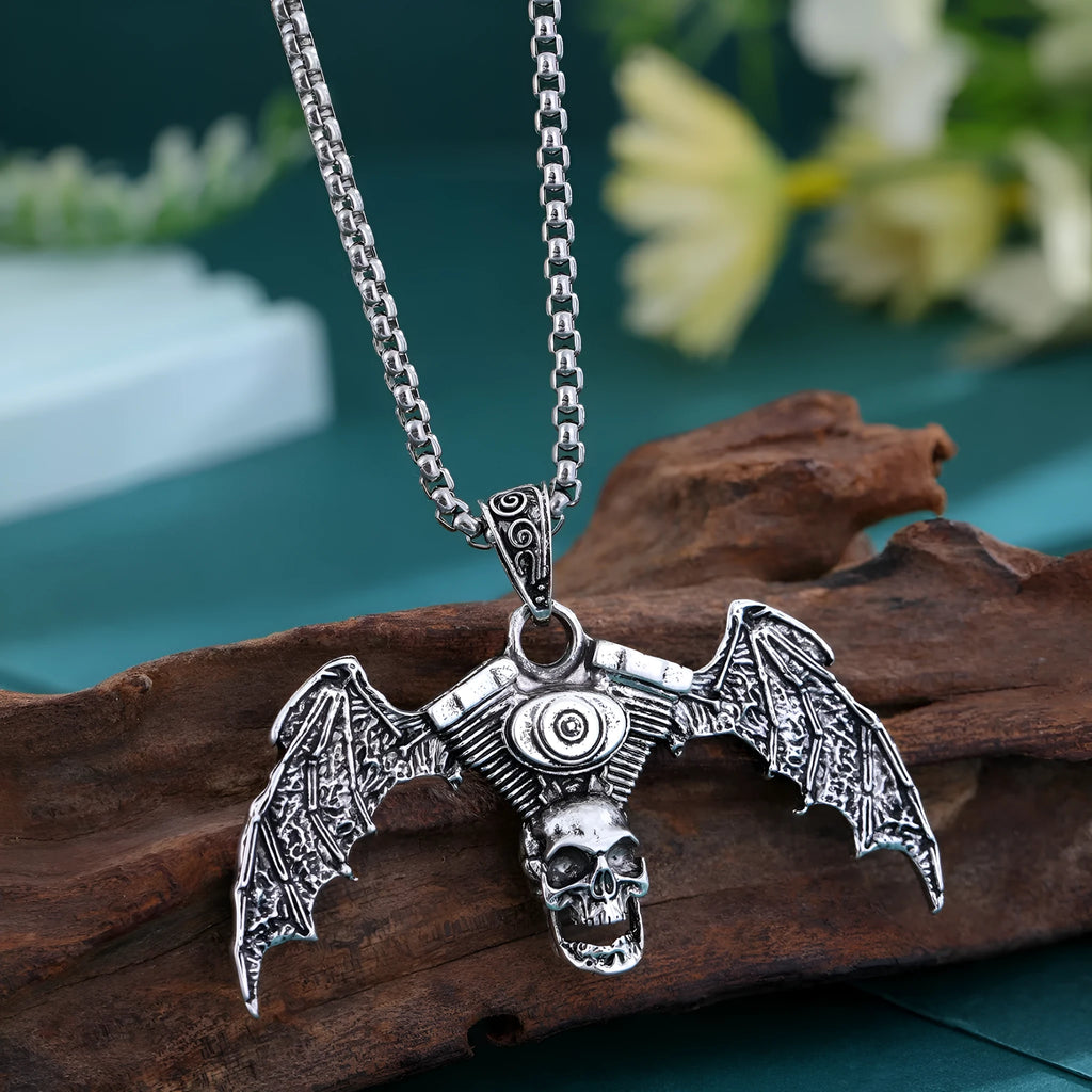 Gothic dark skull necklace with aluminium alloy skeleton wing pendant on dark background