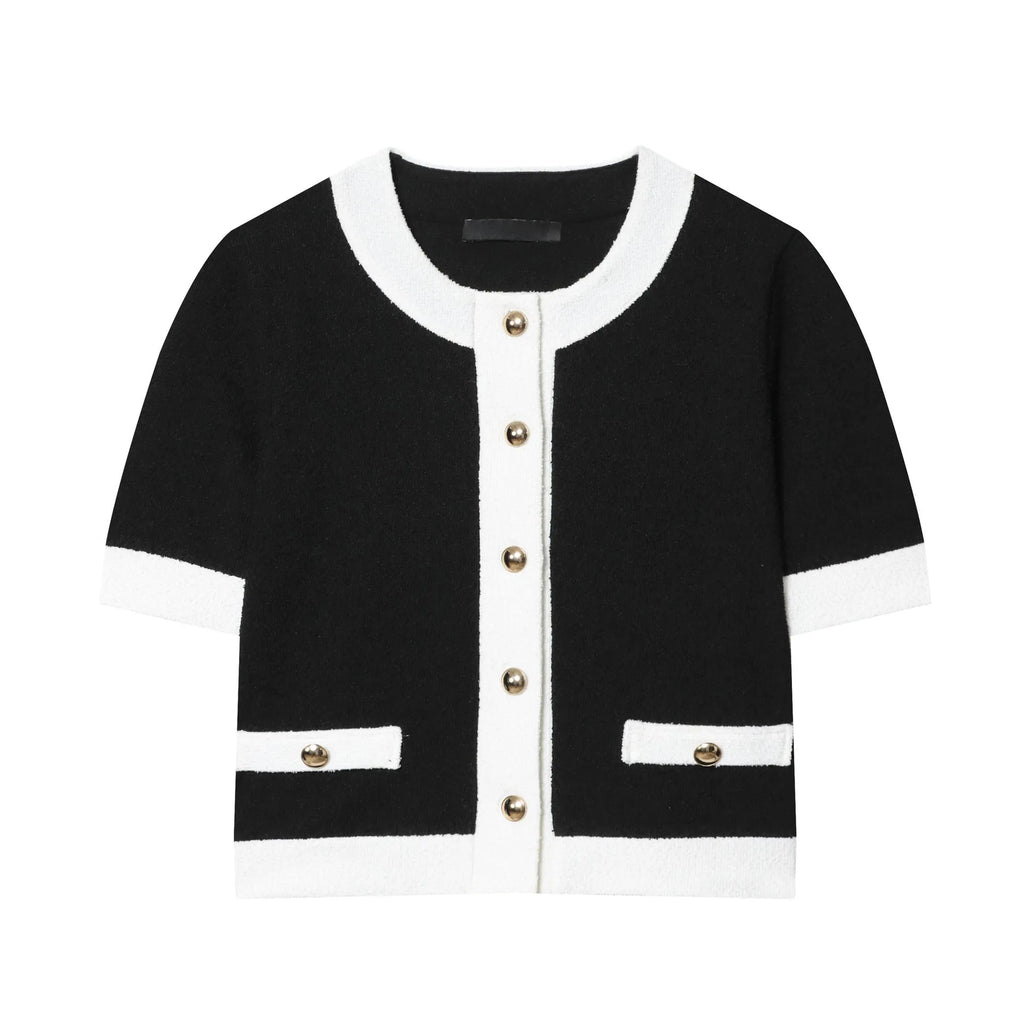 Women's polyester two-piece suit with beaded leather detail on round neck top and high-waisted stretch trousers