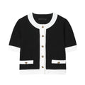 Women's polyester two-piece suit with beaded leather detail on round neck top and high-waisted stretch trousers