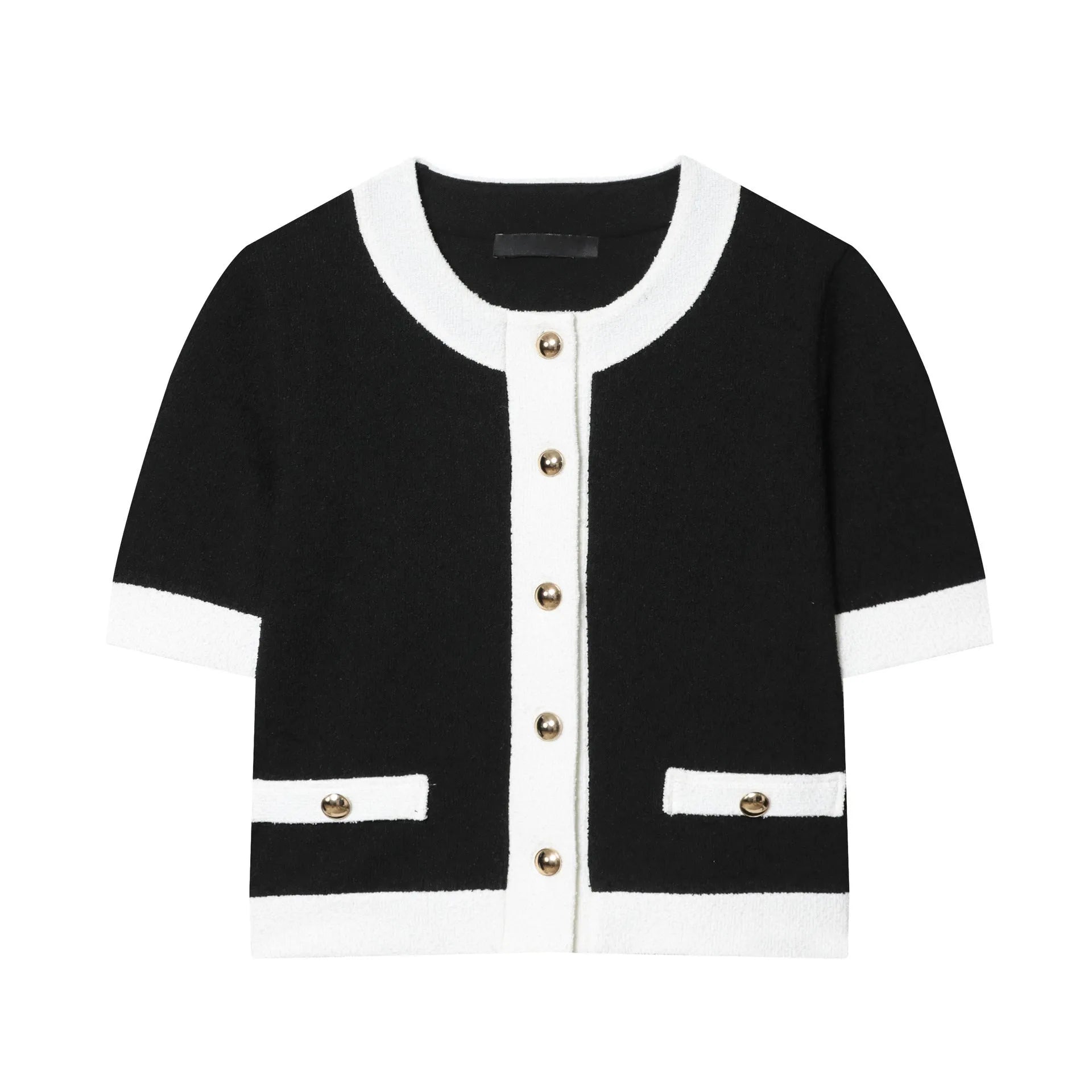 Women's polyester two-piece suit with beaded leather detail on round neck top and high-waisted stretch trousers