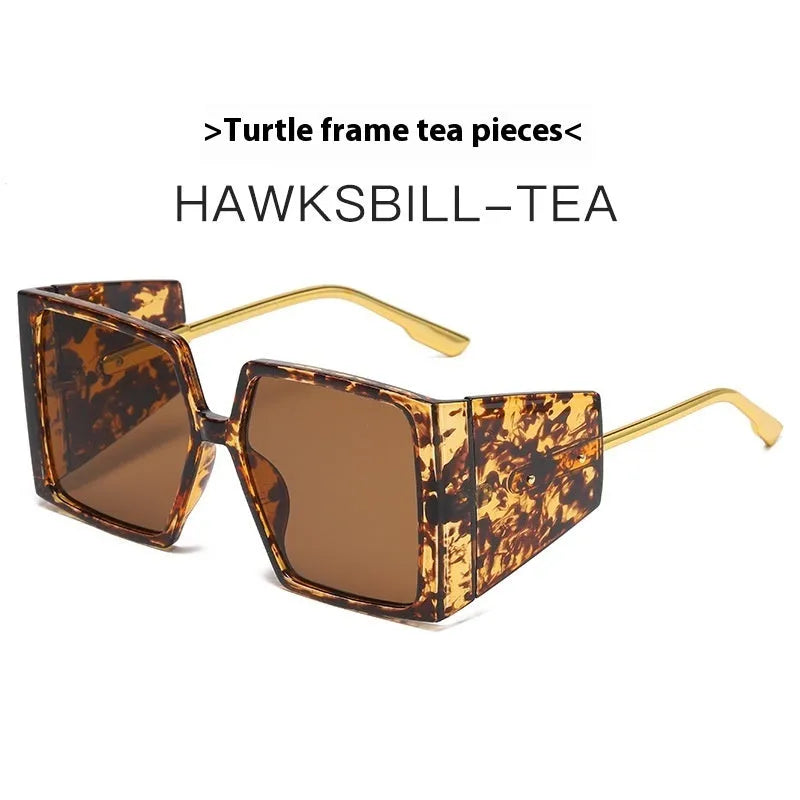 A pair of large square frame sunglasses in a selection of colours including black, blue, and champagne.