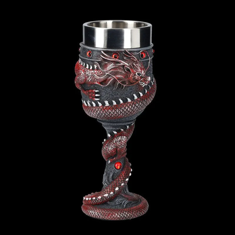 Red wine glass with a detailed gold Chinese dragon 3D design on a stainless steel and resin body.