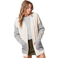 Women's multi-pocket long sleeve striped cardigan regular fit medium length polyester fabric