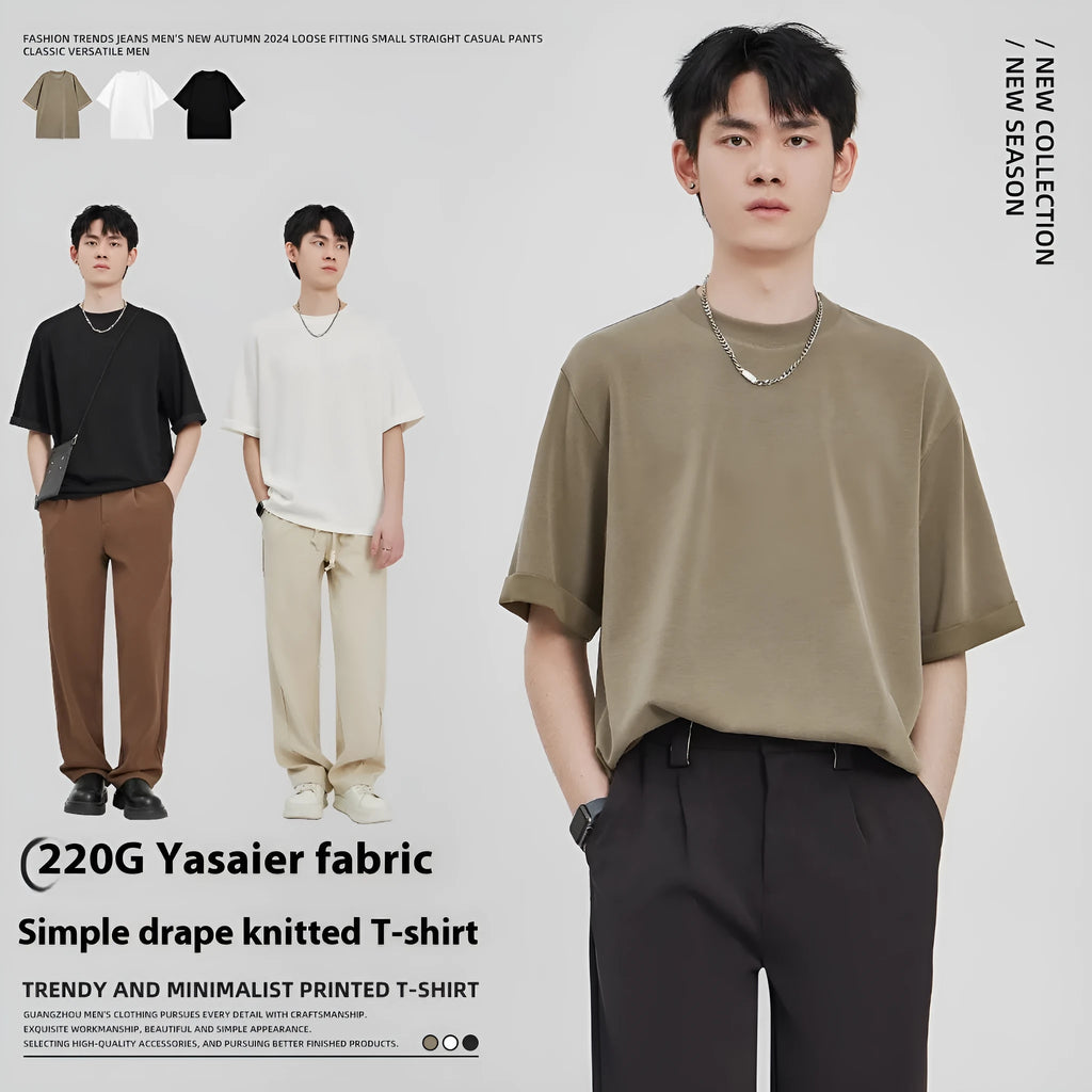Men's loose drape knit casual T-shirt in black, brown, or white colours