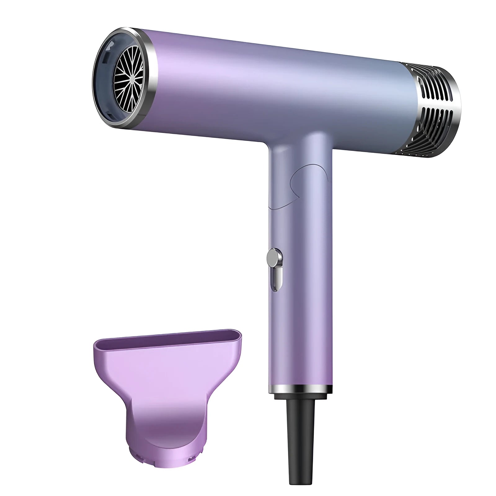 Green foldable hair dryer with collapsed handle next to a suitcase, demonstrating its travel-friendly portable design.