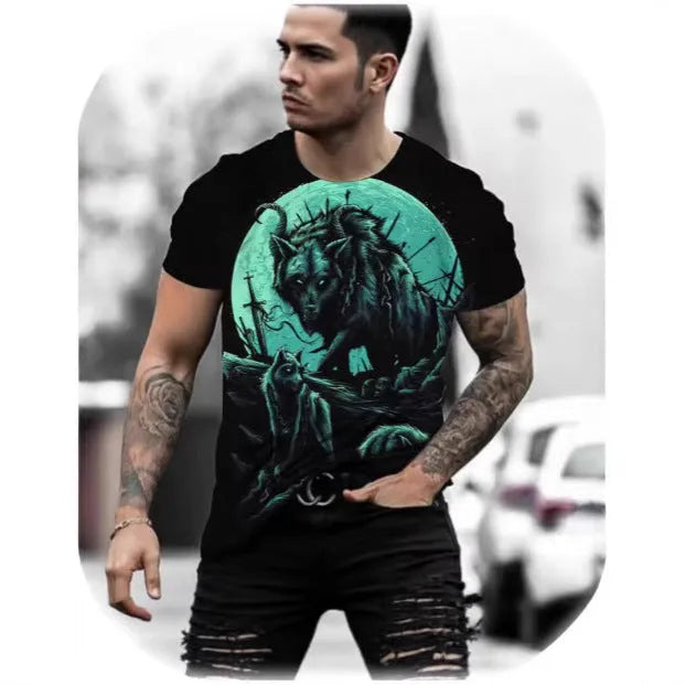 Retro 3D animal print on a men's short-sleeved light grey t-shirt.