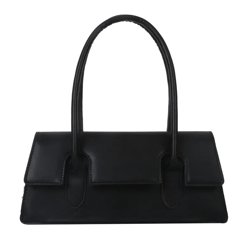 Women's horizontal square PU leather shoulder bag in black with stitching detail and sandwich pocket design