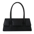 Women's horizontal square PU leather shoulder bag in black with stitching detail and sandwich pocket design