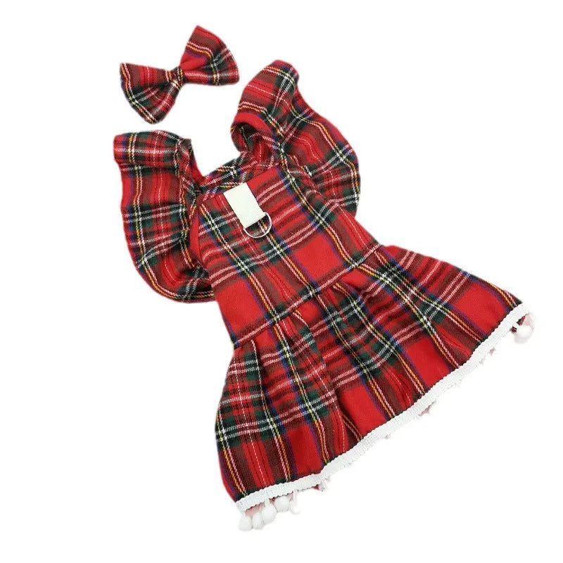 Pet wearing Christmas tartan plaid skirt with matching head flower and bow tie festive costume