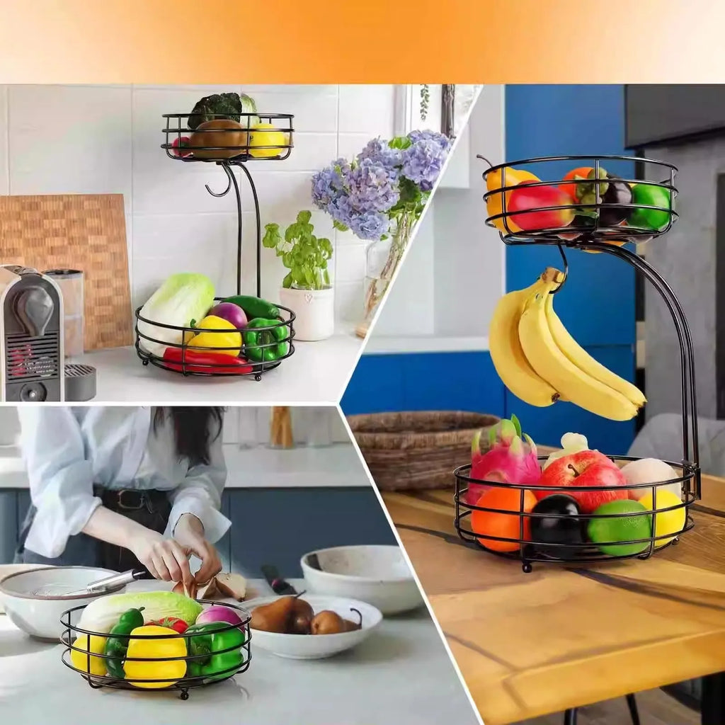 Double-layer wrought iron fruit basket with open wire sides in black or gold finish