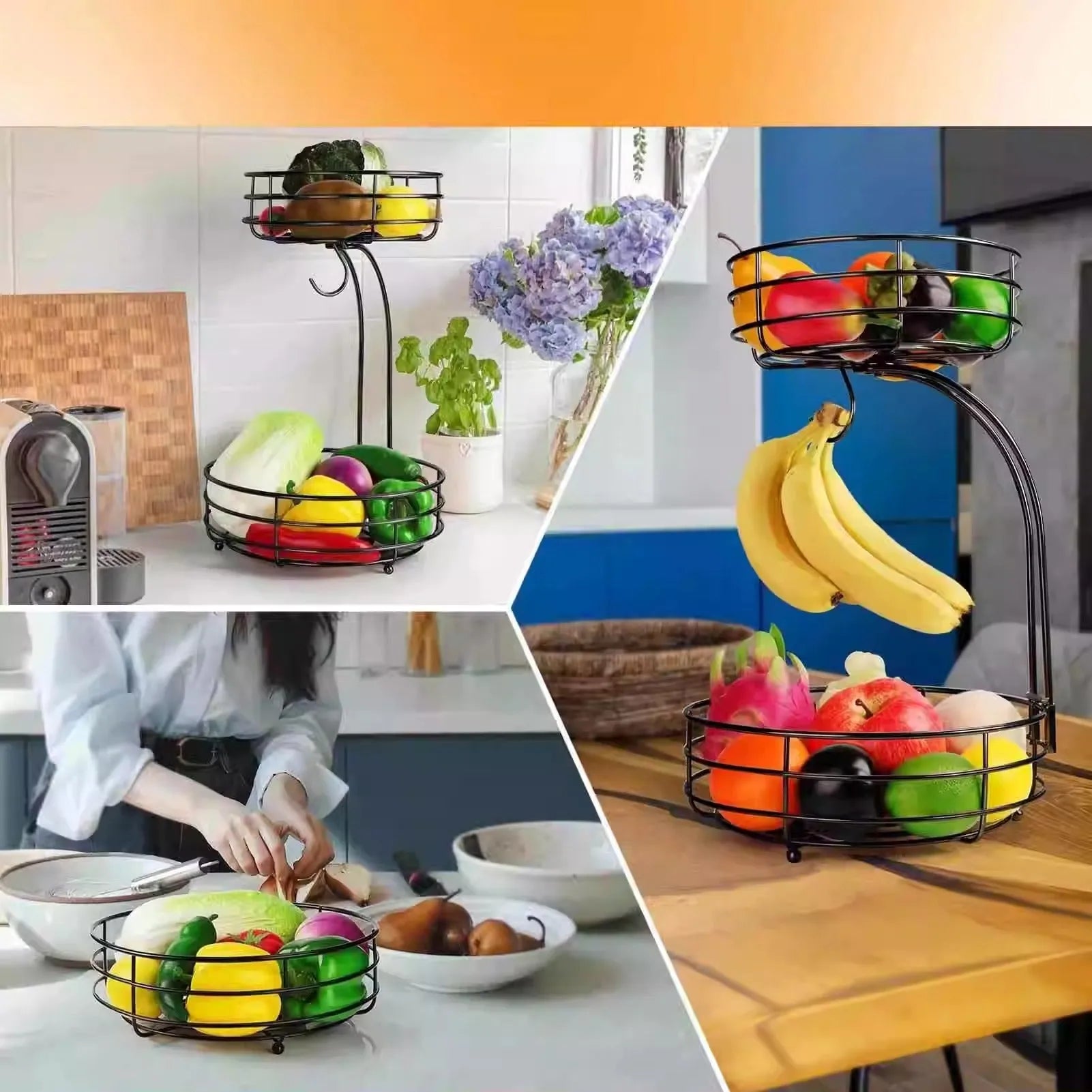 Double-layer wrought iron fruit basket with open wire sides in black or gold finish
