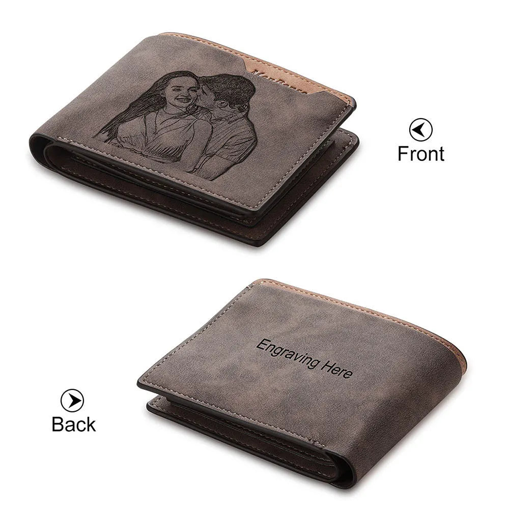 Engraved coffee-coloured PU horizontal short wallet showing personalisation and seven card slots