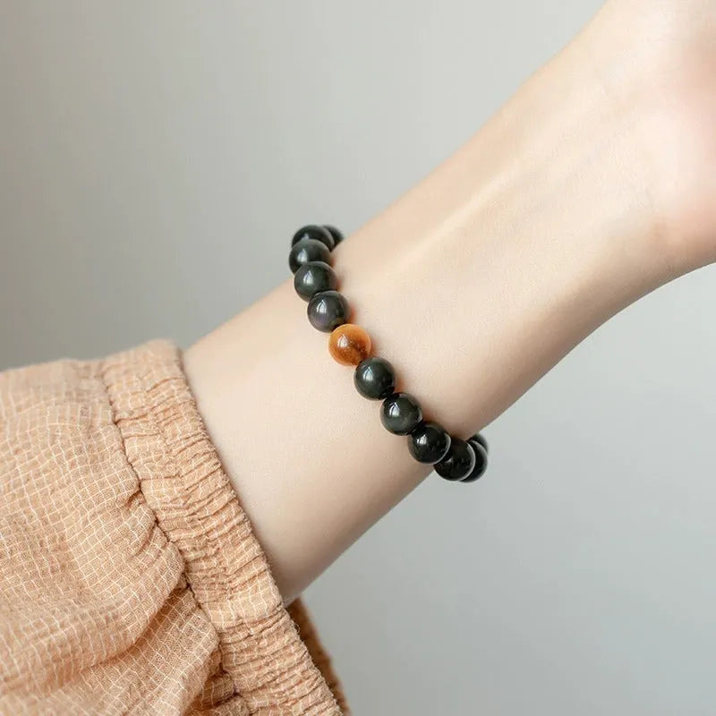 Black polished obsidian geometric bracelet with 10mm beads, Korean unisex style.