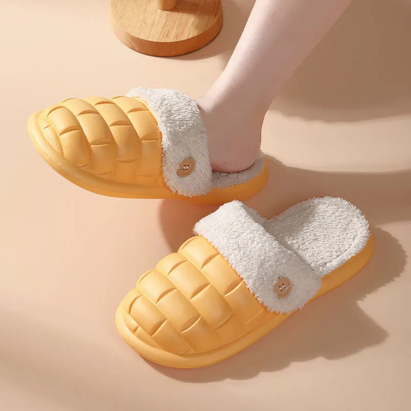Plaid detachable slippers with anti-skid soles and plush lining in pink, green, yellow, white, grey, or black