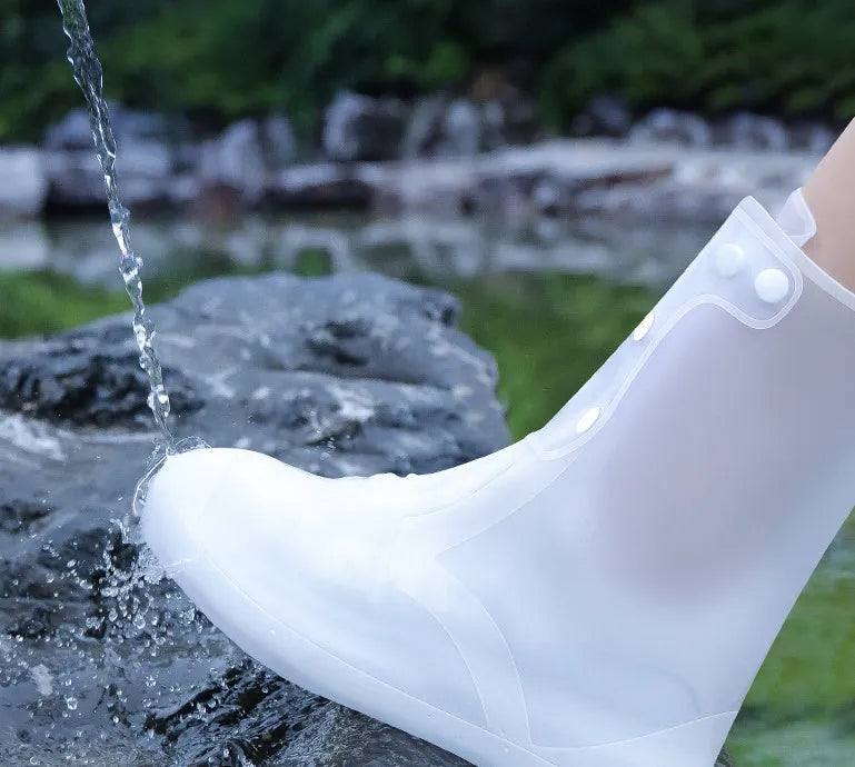 White PVC high top reusable women's water resistant shoe covers with anti-skid sole