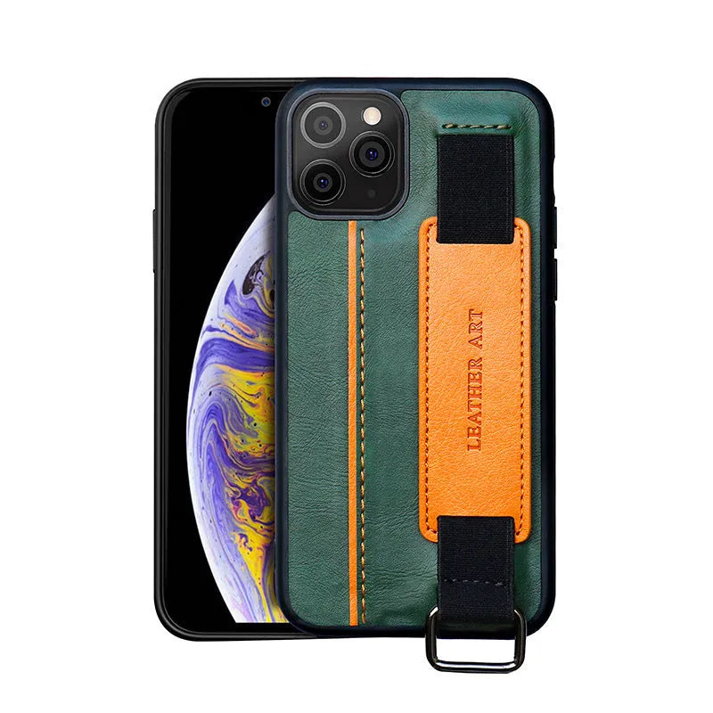 Brown imitation leather iPhone case with a wrist strap, shown attached to an iPhone.