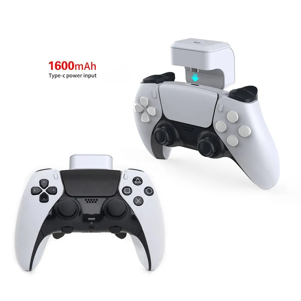 White ABS PS5 handle power bank with Type-C port and LED indicator, attached to a PS5 controller