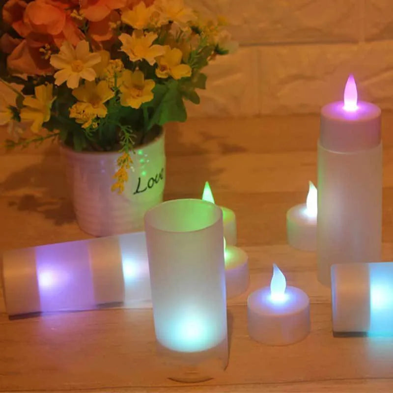 White plastic USB rechargeable LED candle lamp with flickering flame effect on wooden table