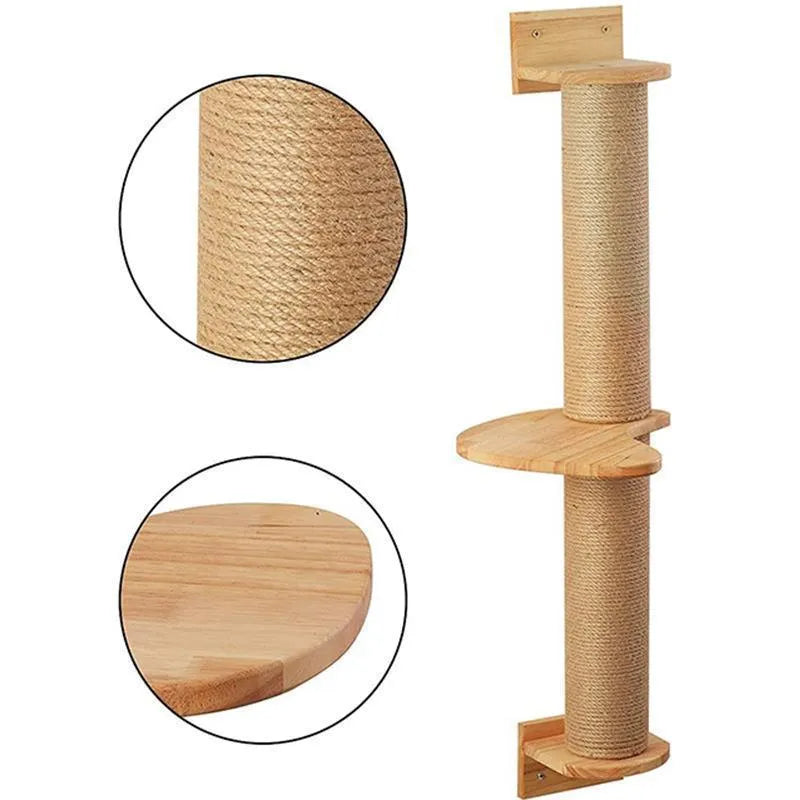 Wooden wall-mounted cat climbing frame with sisal rope scratching posts and khaki fabric panels
