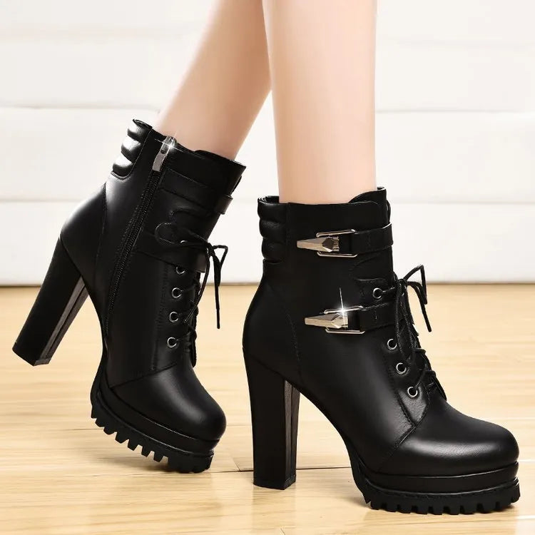 Women's black artificial PU high heel shoes with round toe and thick super high heel above 8cm