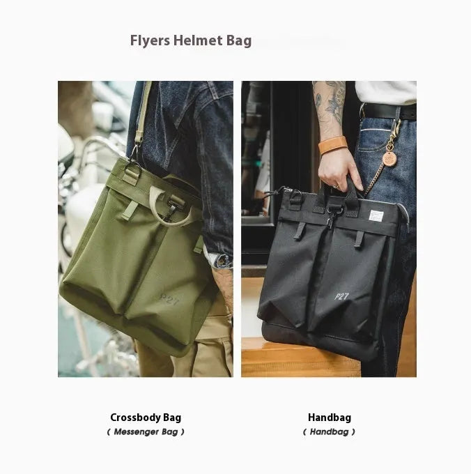 Marden Tooling Helmet medium canvas messenger bag in charcoal black showing vertical square shape and shoulder strap