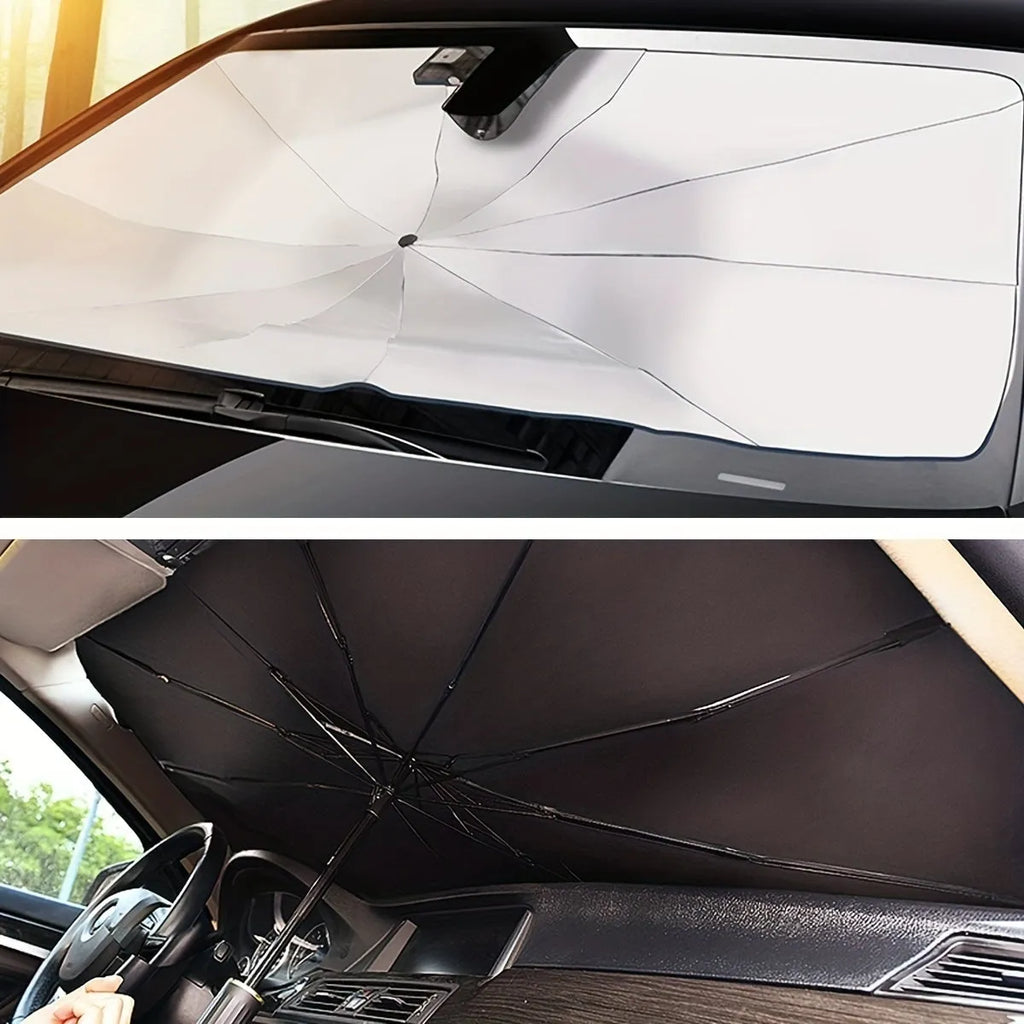 Foldable car windshield sunshade umbrella shown in open position against vehicle windshield
