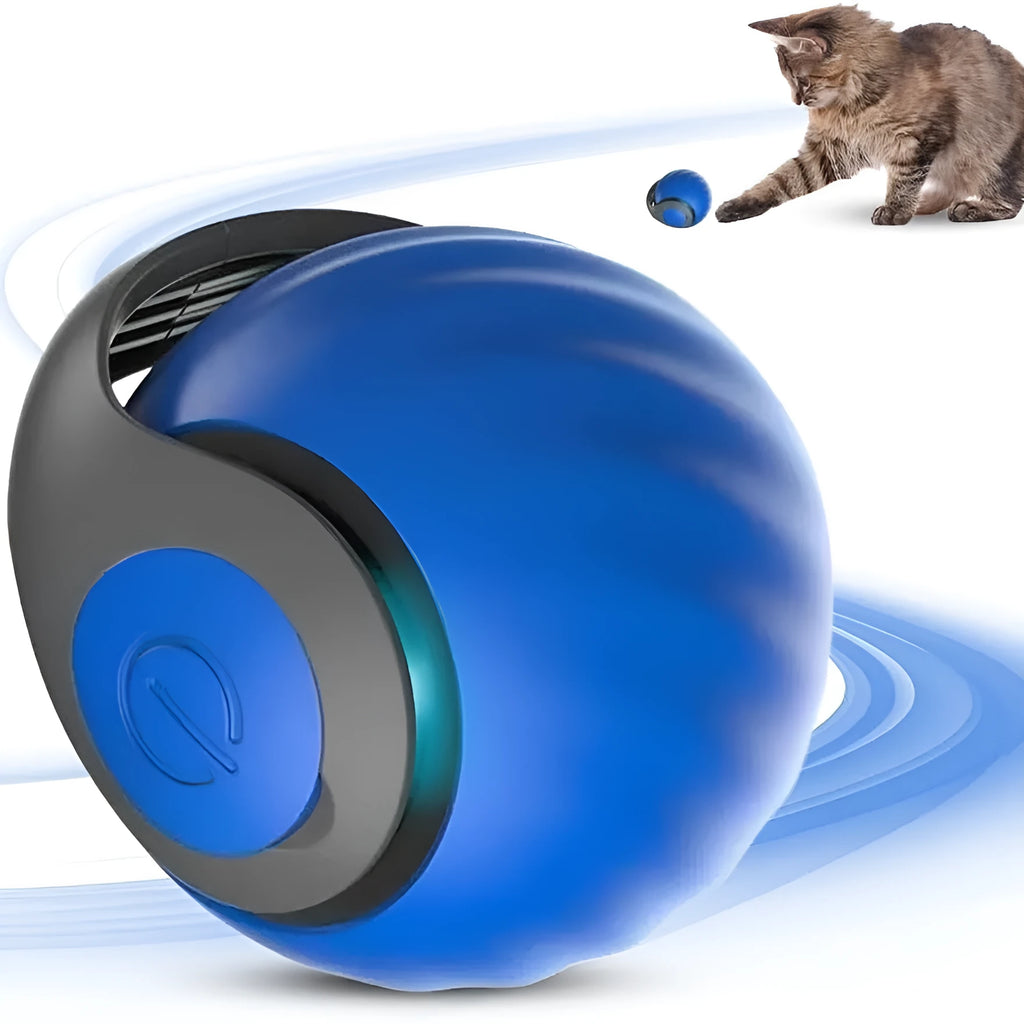 Interactive rolling ball pet toy in blue and red options showing motion-activated design for cats and dogs