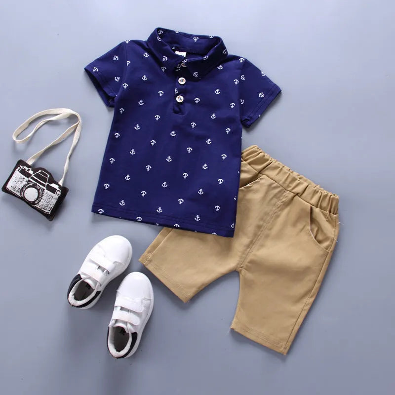 Anchor printed cotton children's trousers suit in Korean style with short sleeves