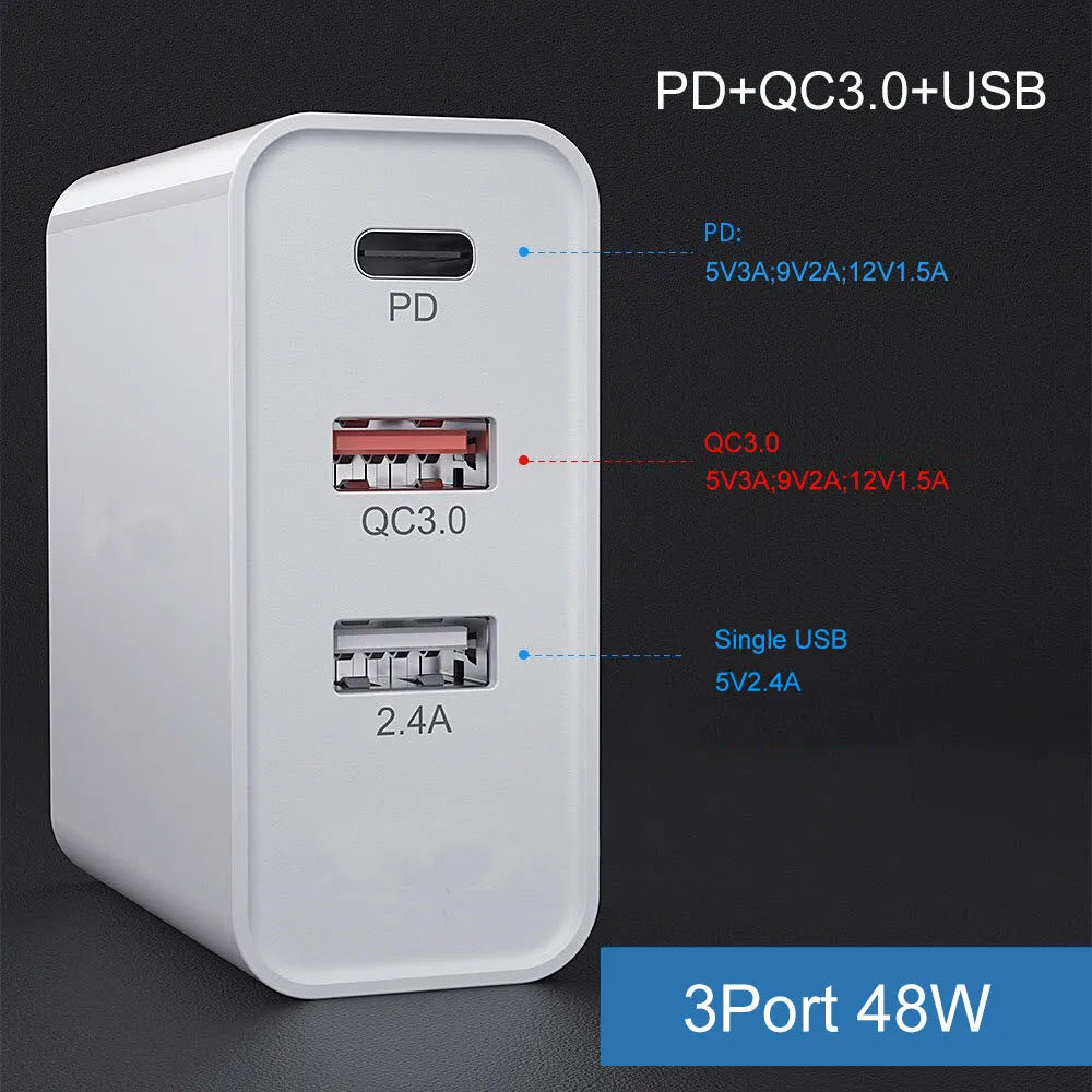 White multi-port fast charger with PD and QC technology showing multiple USB ports
