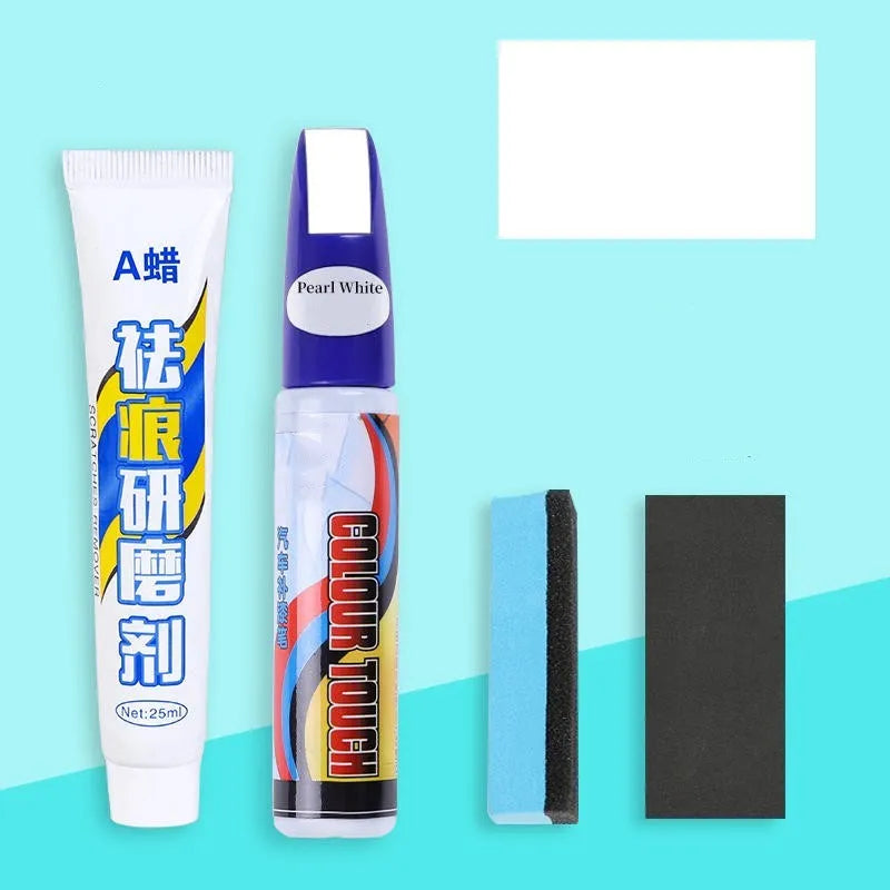 Automotive paint repair pen kit with touch-up fluid, wax, sponge, and sandpaper for car scratch repair.