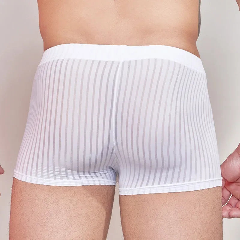 Men's striped nylon underwear in black, shown laid flat.