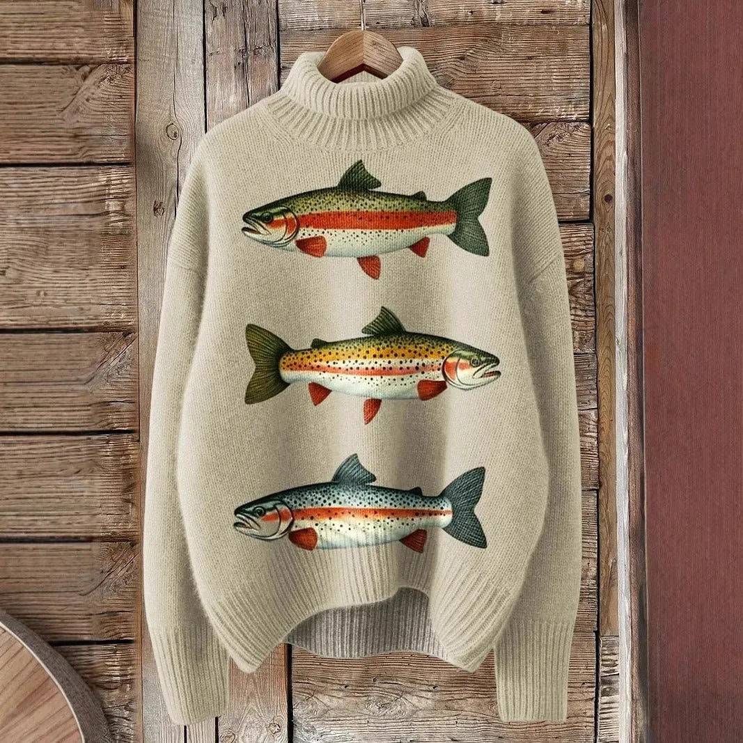 Women's loose-fit Christmas printed turtleneck sweater in a macaron colour