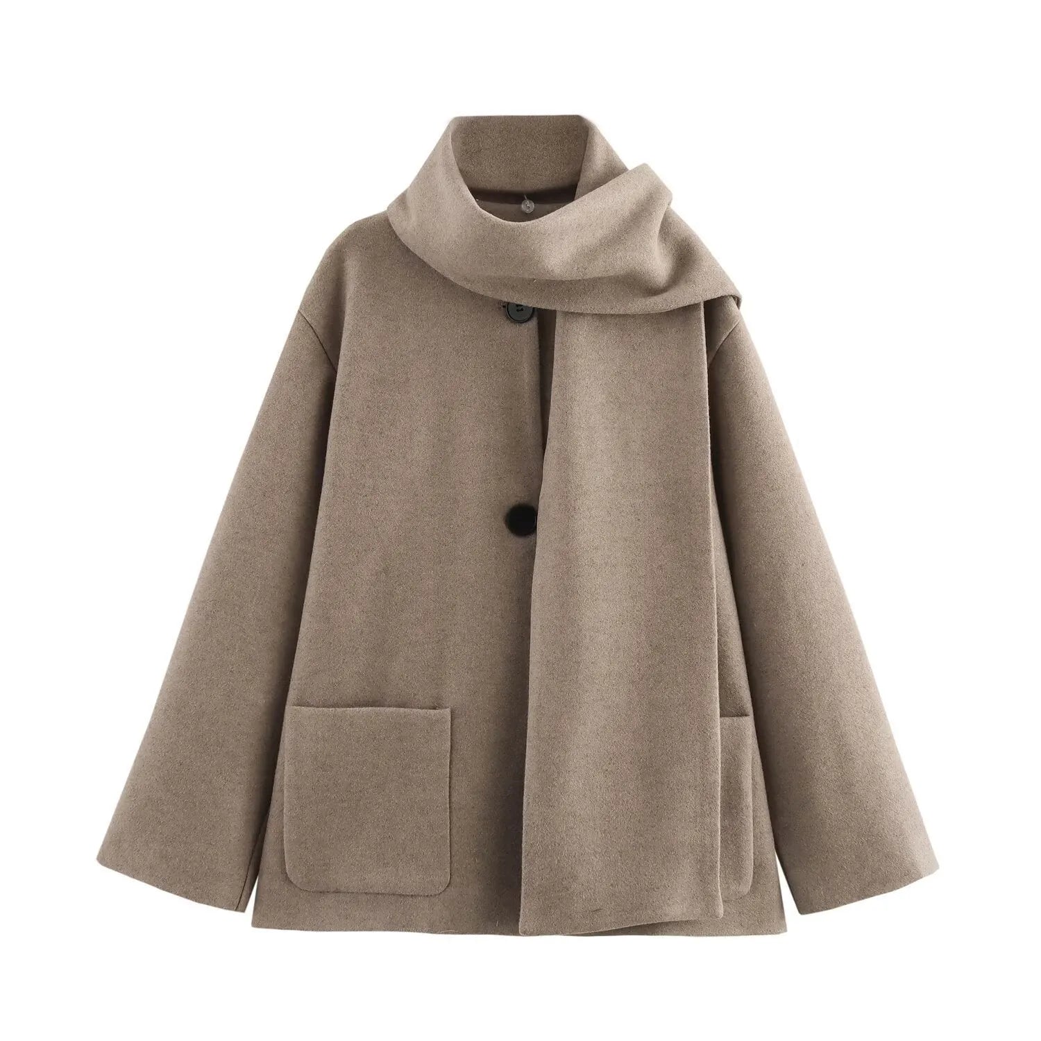 Long grey women's polyester overcoat with a black faux fur collar on a hanger.