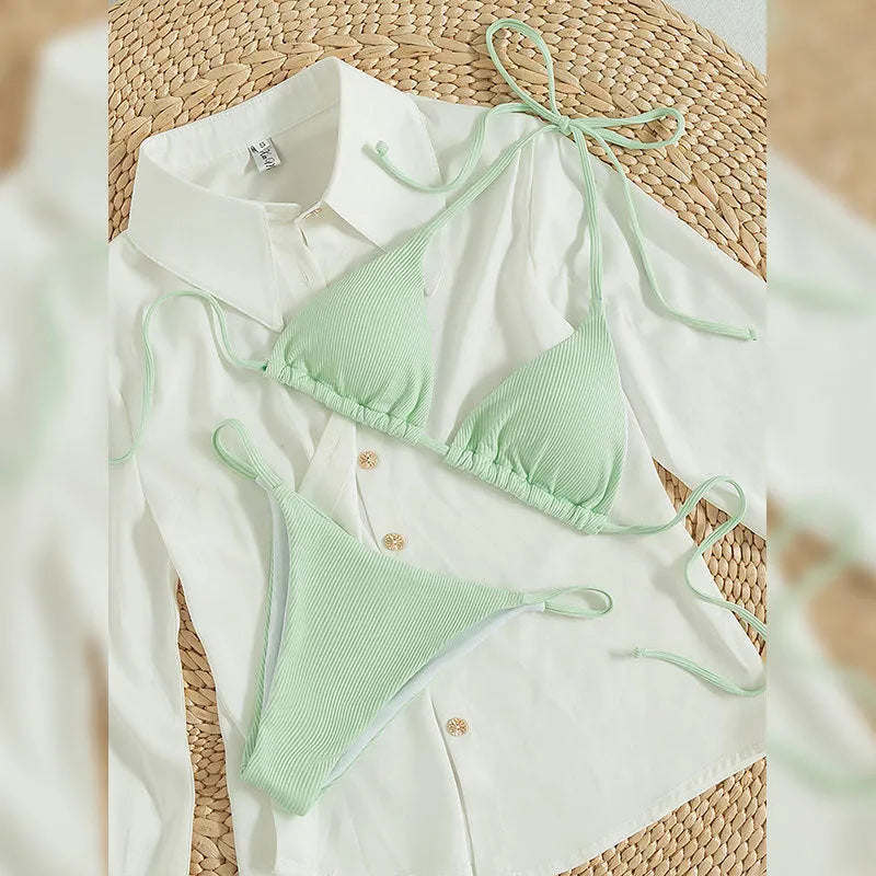 Women's lace-up front bikini swimsuit in nylon fabric available in multiple colours