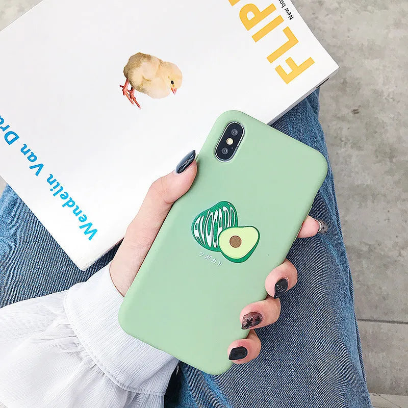 Avocado cartoon design printed on a green TPU back cover case for an Apple iPhone.