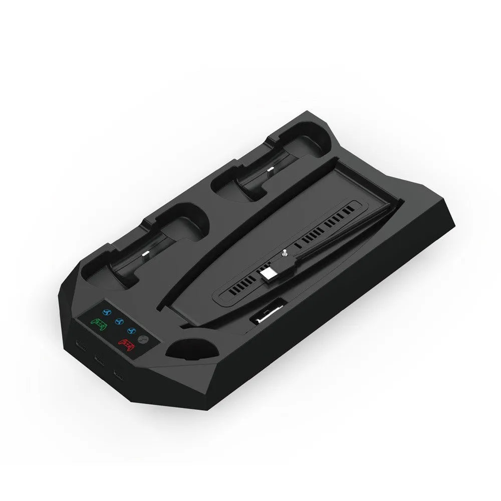 PS5 charging base and radiator stand in black with controller charging dock and headphone hook
