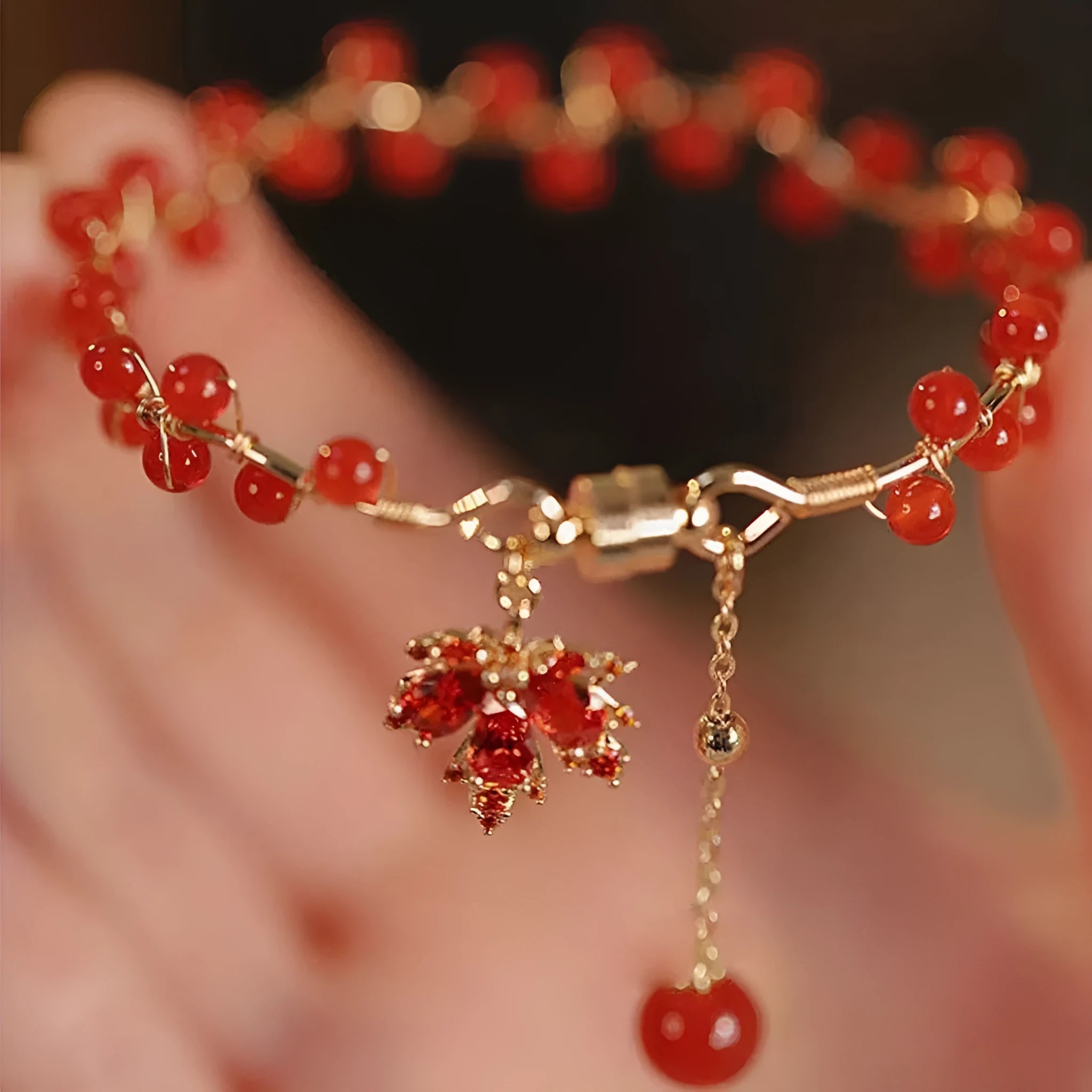 Red ginkgo leaf charm magnetic bracelet with Chinese style design and alloy construction