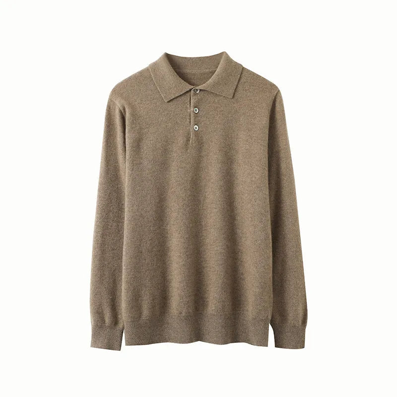 Man wearing a sapphire blue pure cashmere polo collar pullover sweater
