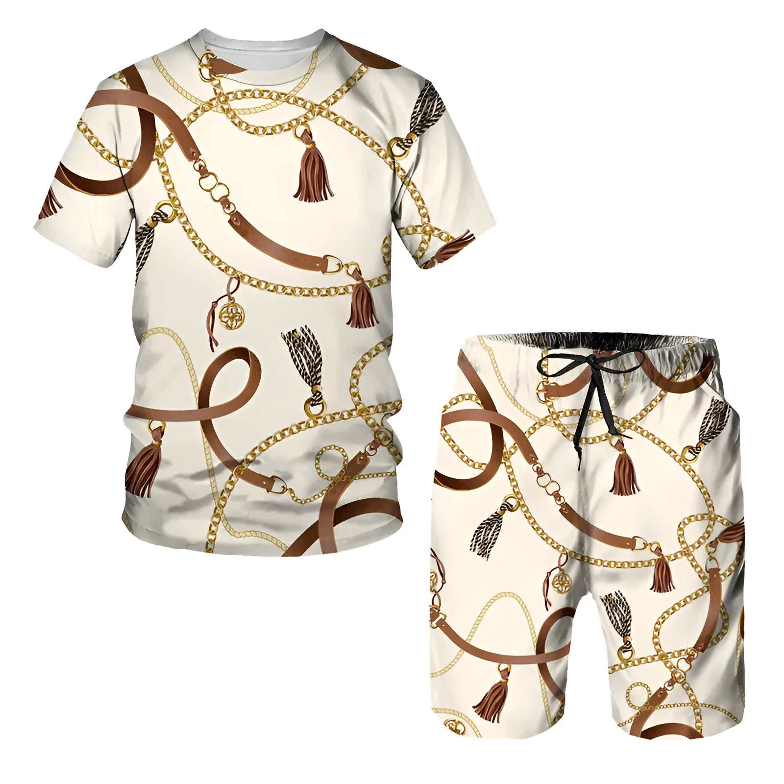 Chain pattern digital printed short sleeve T-shirt and shorts suit set in polyester fabric