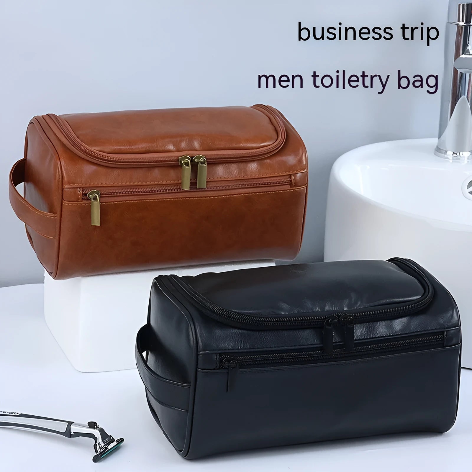 Large capacity men's waterproof cosmetic bag in upgraded high-grade PU brown colour with zip closure