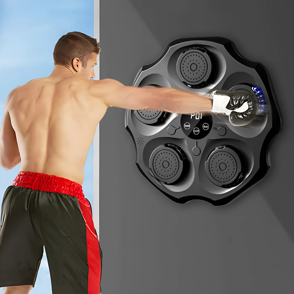 Black hanging Bluetooth boxing wall target with included gloves on a grey wall