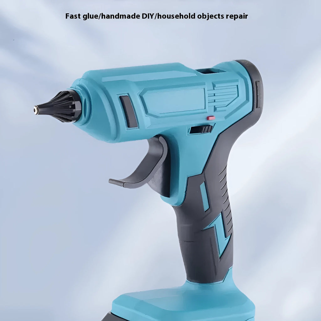 21V rechargeable lithium hot melt glue gun with bare metal finish and 11mm glue sticks