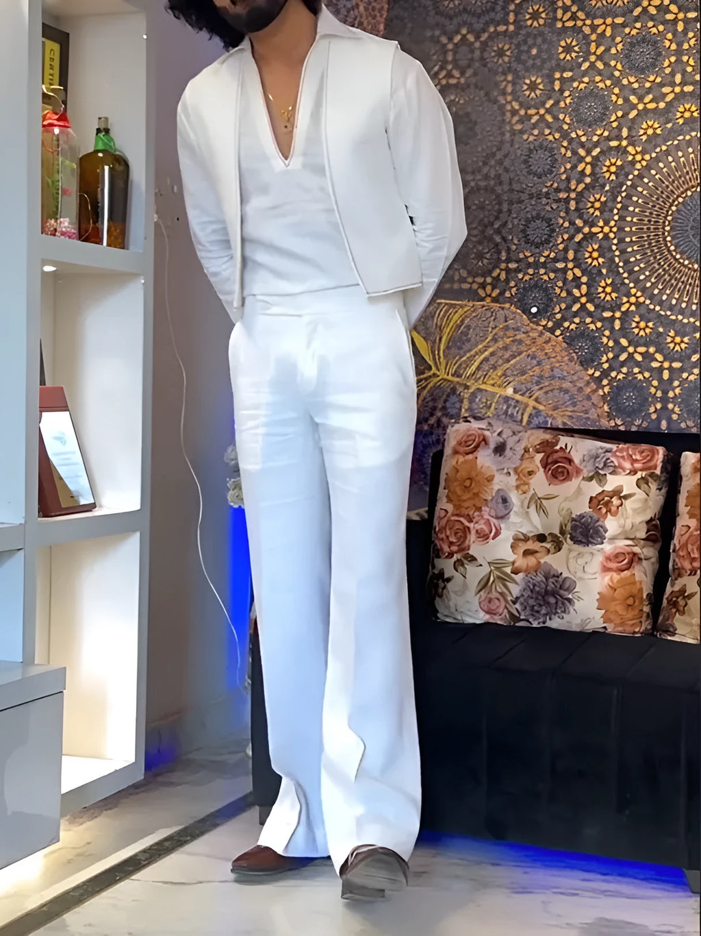 White polyester three-piece outfit set with V-neck shirt, sleeveless vest and trousers