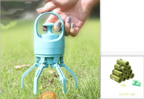 Blue plastic dog pooper scooper with eight-claw shovel and built-in bag dispenser